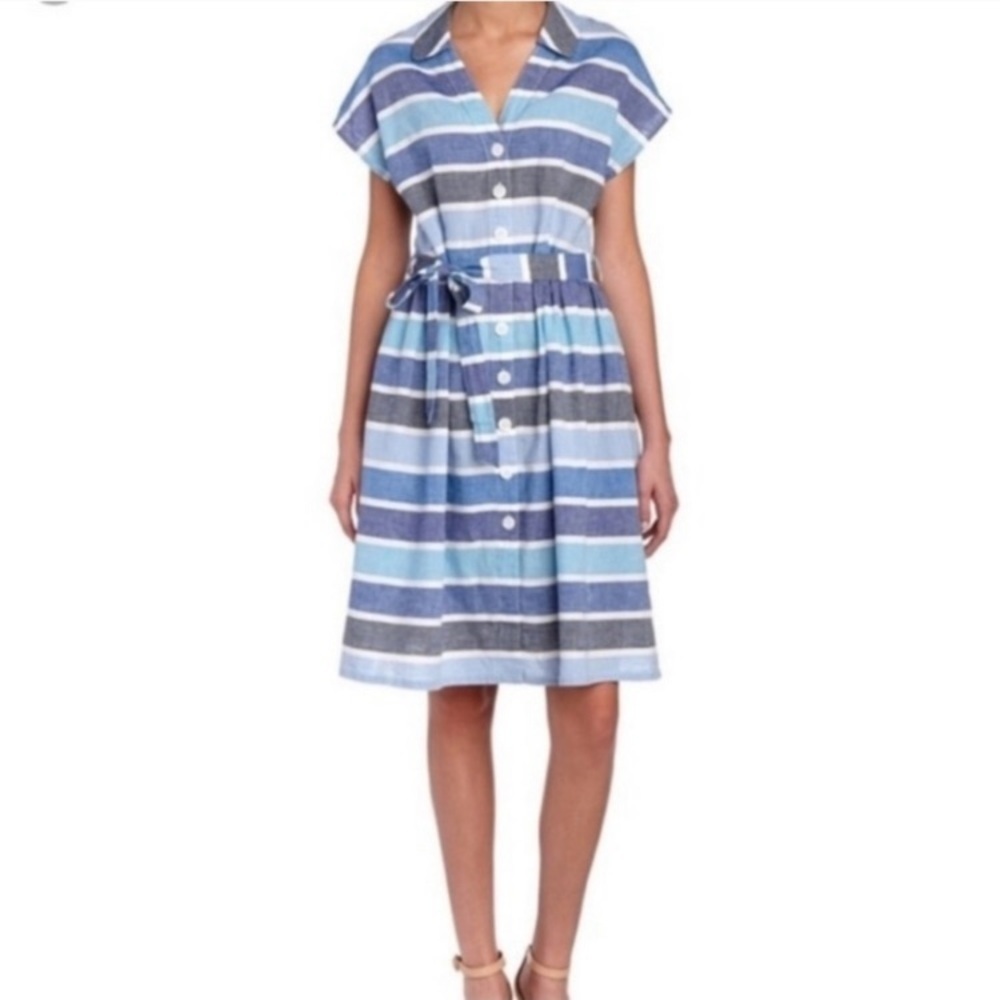 Boden Seatown blue striped linen blend shirt dress US 2R